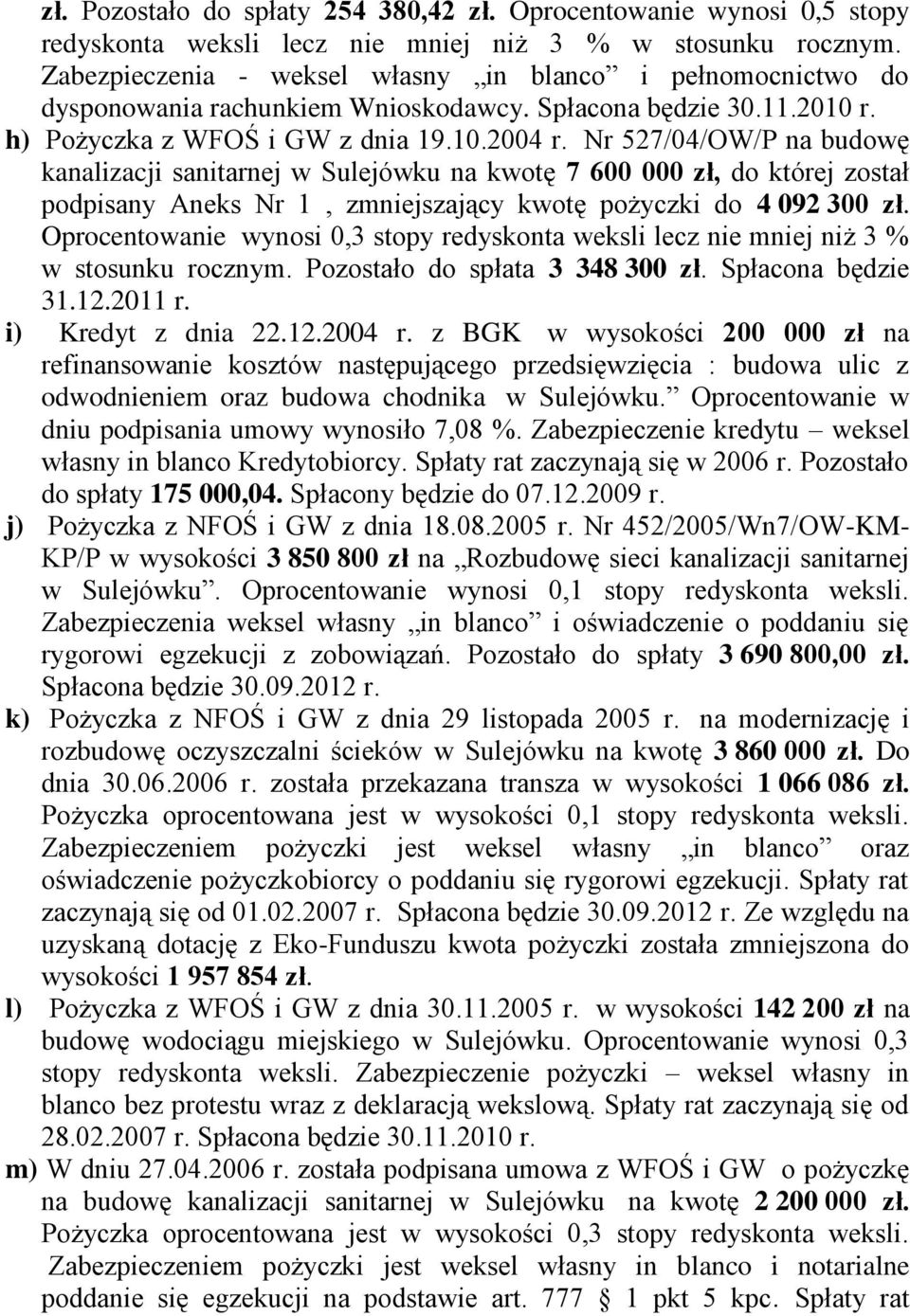 Nr 527/04/OW/P na budowę kanalizacji sanitarnej w Sulejówku na kwotę 7 600 000 zł, do której został podpisany Aneks Nr 1, zmniejszający kwotę pożyczki do 4 092 300 zł.