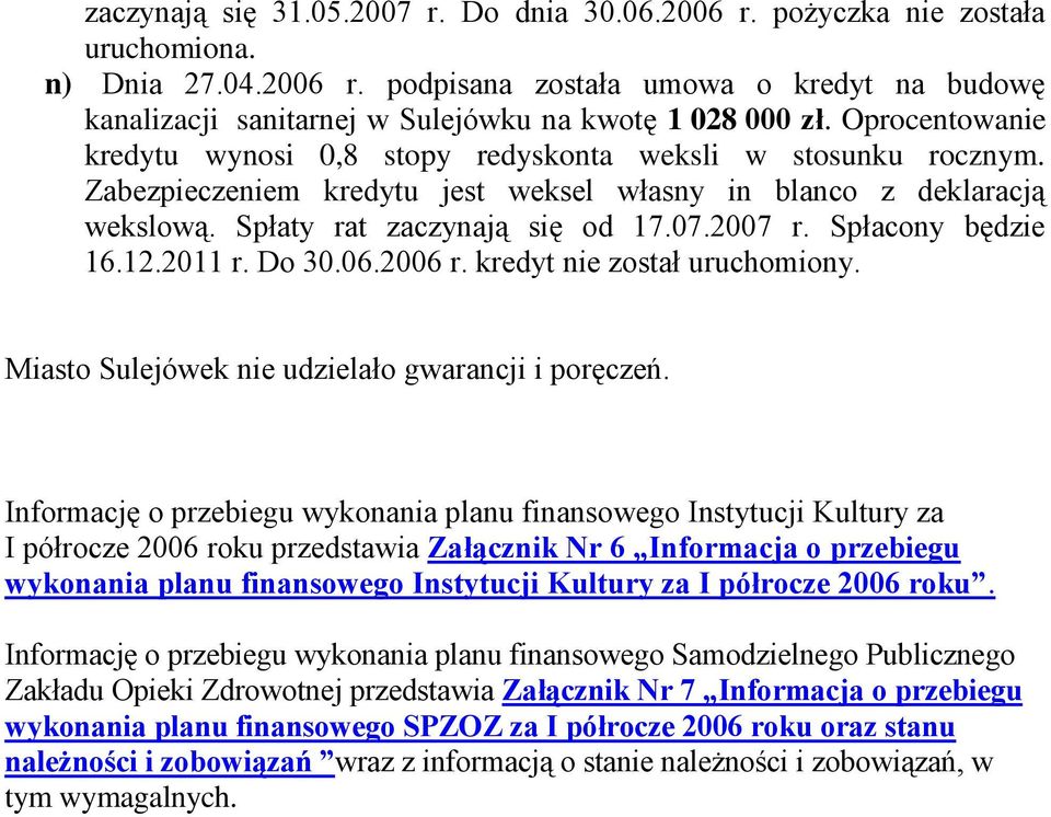 Spłacony będzie 16.12.2011 r. Do 30.06.2006 r. kredyt nie został uruchomiony. Miasto Sulejówek nie udzielało gwarancji i poręczeń.
