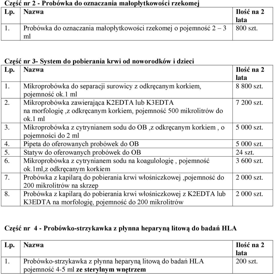 Mikroprobówka zawierająca K2EDTA lub K3EDTA 7 200 szt. na morfologię,z odkręcanym korkiem, pojemność 500 mikrolitrów do ok.1 ml 3.