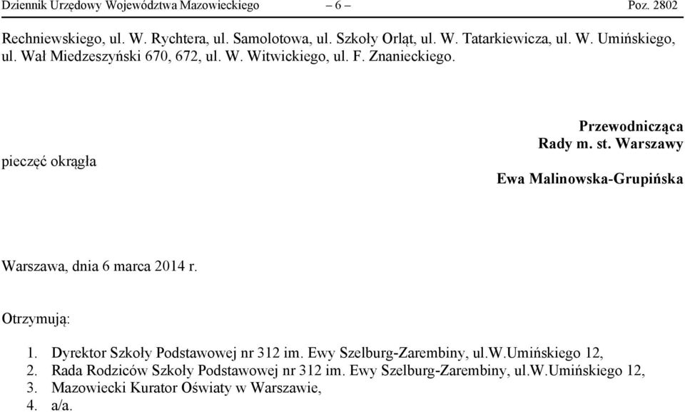 Warszawy Ewa Malinowska-Grupińska Warszawa, dnia 6 marca 2014 r. Otrzymują: 1. Dyrektor Szkoły Podstawowej nr 312 im. Ewy Szelburg-Zarembiny, ul.