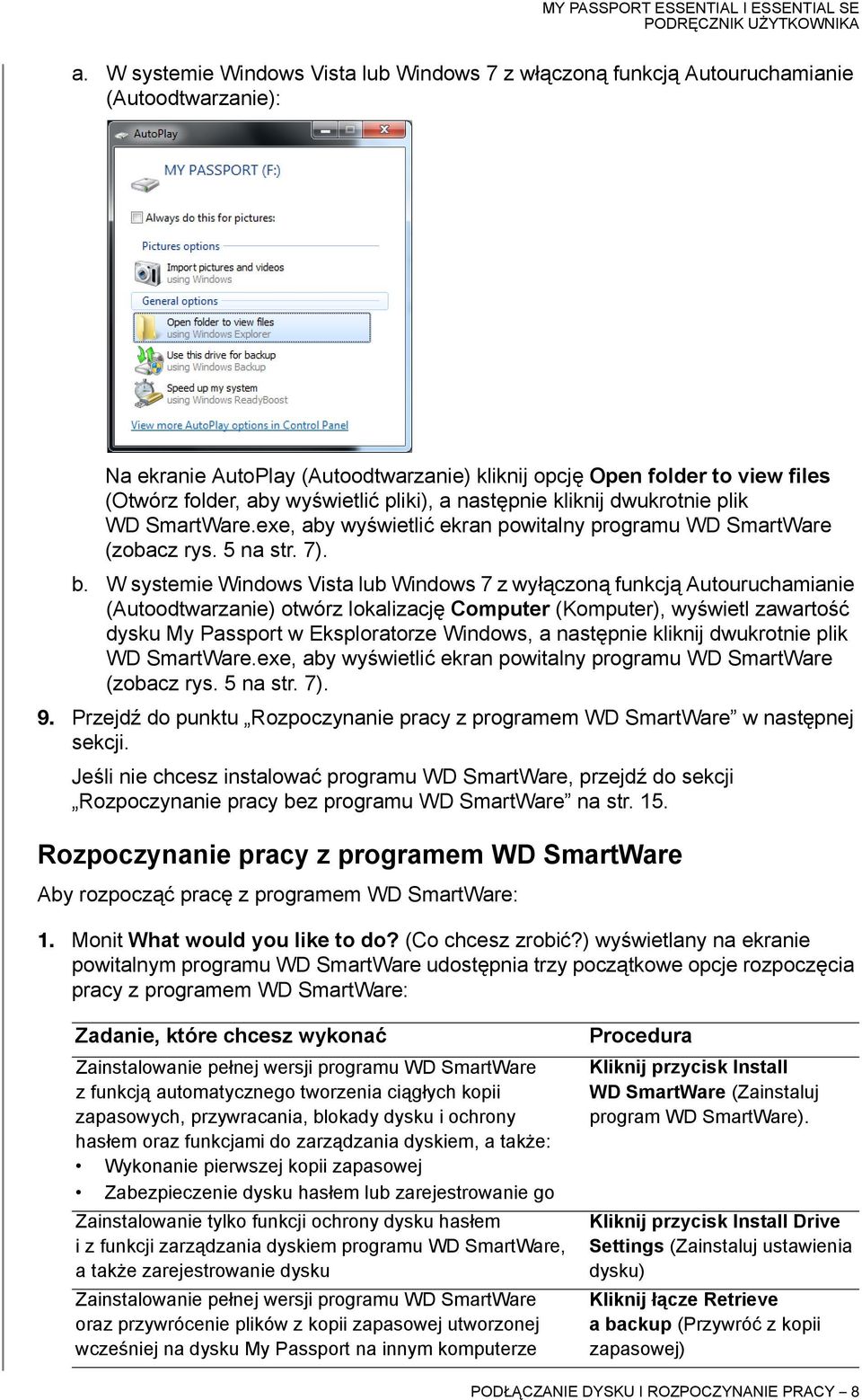 W systemie Windows Vista lub Windows 7 z wyłączoną funkcją Autouruchamianie (Autoodtwarzanie) otwórz lokalizację Computer (Komputer), wyświetl zawartość dysku My Passport w Eksploratorze Windows, a