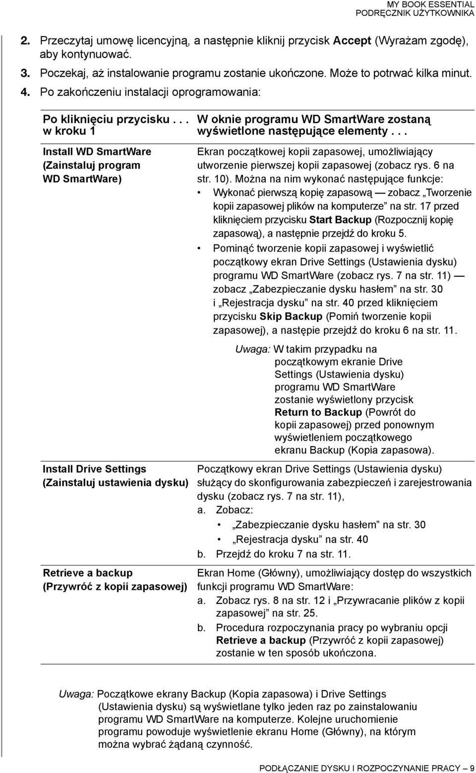 .. w kroku 1 Install WD SmartWare (Zainstaluj program WD SmartWare) Install Drive Settings (Zainstaluj ustawienia dysku) Retrieve a backup (Przywróć z kopii zapasowej) W oknie programu WD SmartWare