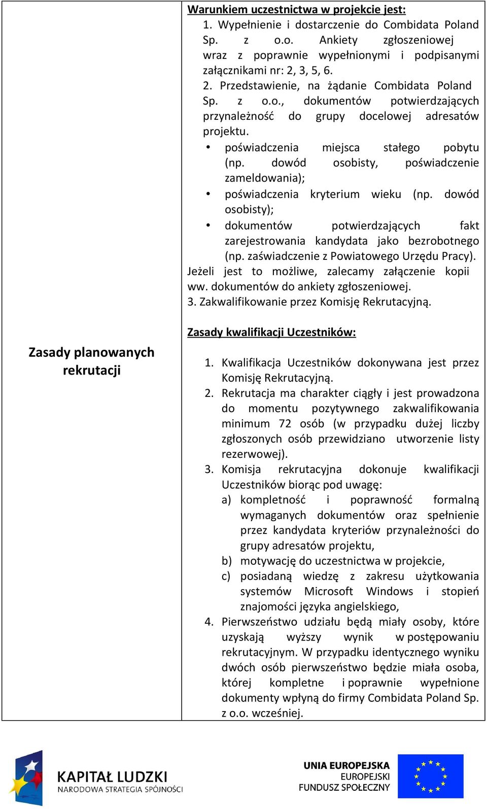 dowód osobisty, poświadczenie zameldowania); poświadczenia kryterium wieku (np. dowód osobisty); dokumentów potwierdzających fakt zarejestrowania kandydata jako bezrobotnego (np.