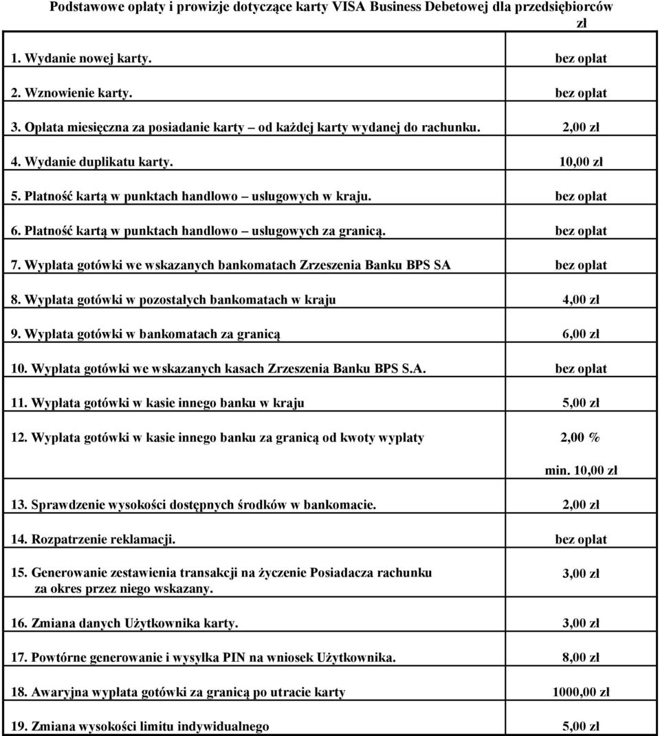 Wypłata gotówki w kasie innego banku w kraju 5,00 min. 10,00 13. Sprawdzenie wysokości dostępnych środków w bankomacie. 2,00 3,00 16. Zmiana danych Użytkownika karty.