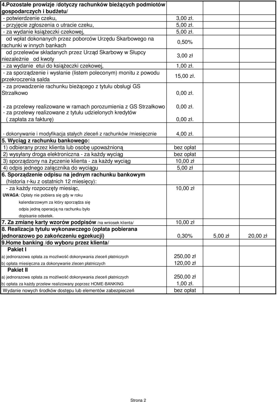 od wpłat dokonanych przez poborców Urzędu Skarbowego na rachunki w innych bankach 0,50% od przelewów składanych przez Urząd Skarbowy w Słupcy niezaleŝnie od kwoty 3,00 zł - za wydanie etui do