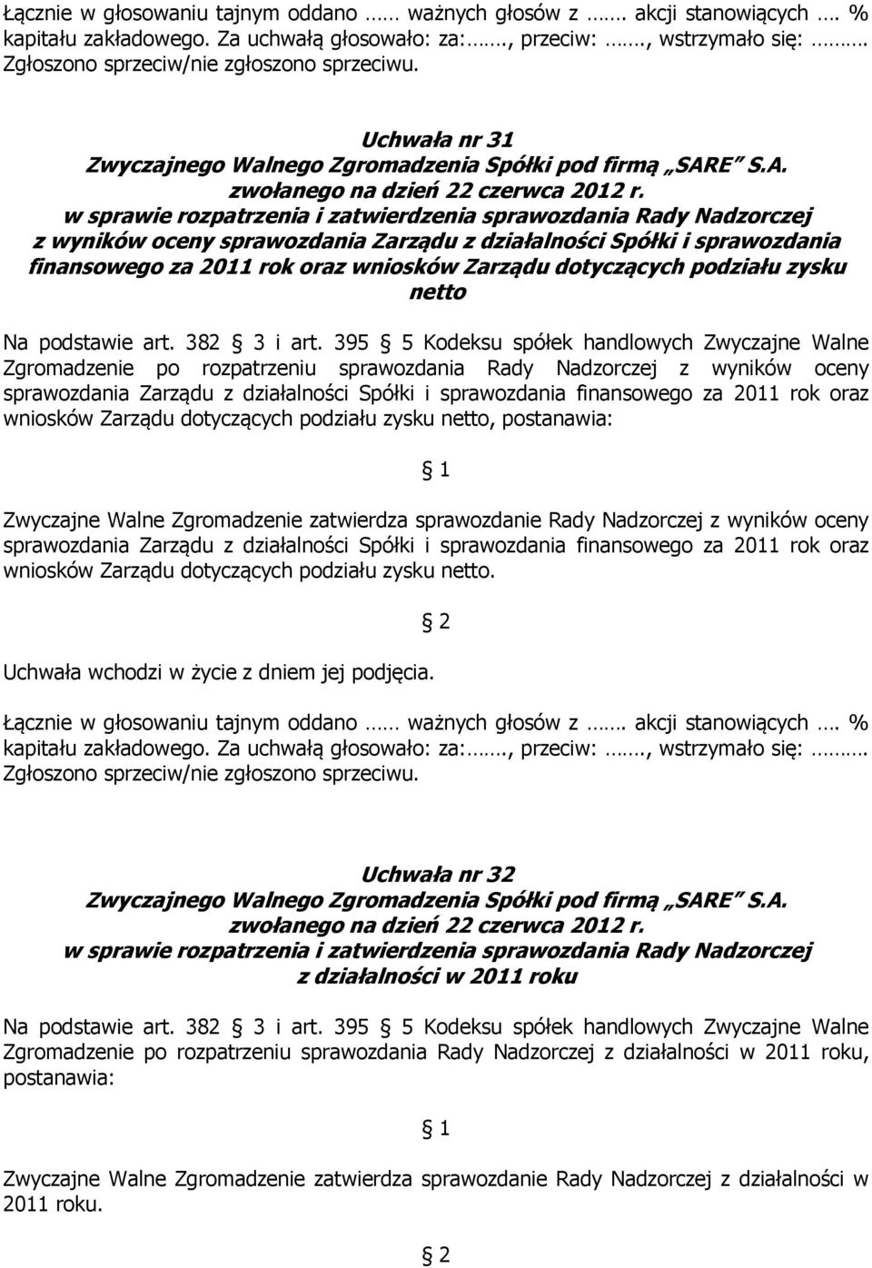 395 5 Kodeksu spółek handlowych Zwyczajne Walne Zgromadzenie po rozpatrzeniu sprawozdania Rady Nadzorczej z wyników oceny sprawozdania Zarządu z działalności Spółki i sprawozdania finansowego za 2011