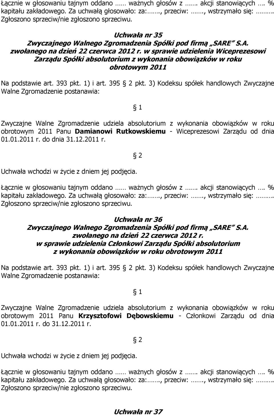 Wiceprezesowi Zarządu od dnia 01.01.2011 r. do dnia 31.12.2011 r. Uchwała nr 36 w sprawie udzielenia Członkowi Zarządu Spółki absolutorium z wykonania obowiązków w roku obrotowym 2011 Na podstawie art.