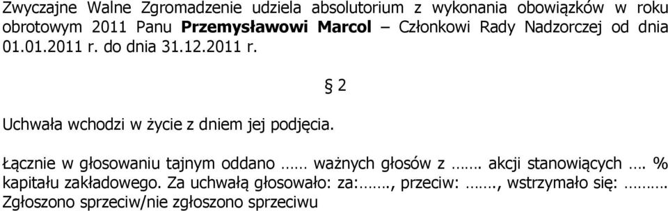 Przemysławowi Marcol Członkowi Rady Nadzorczej od dnia 01.