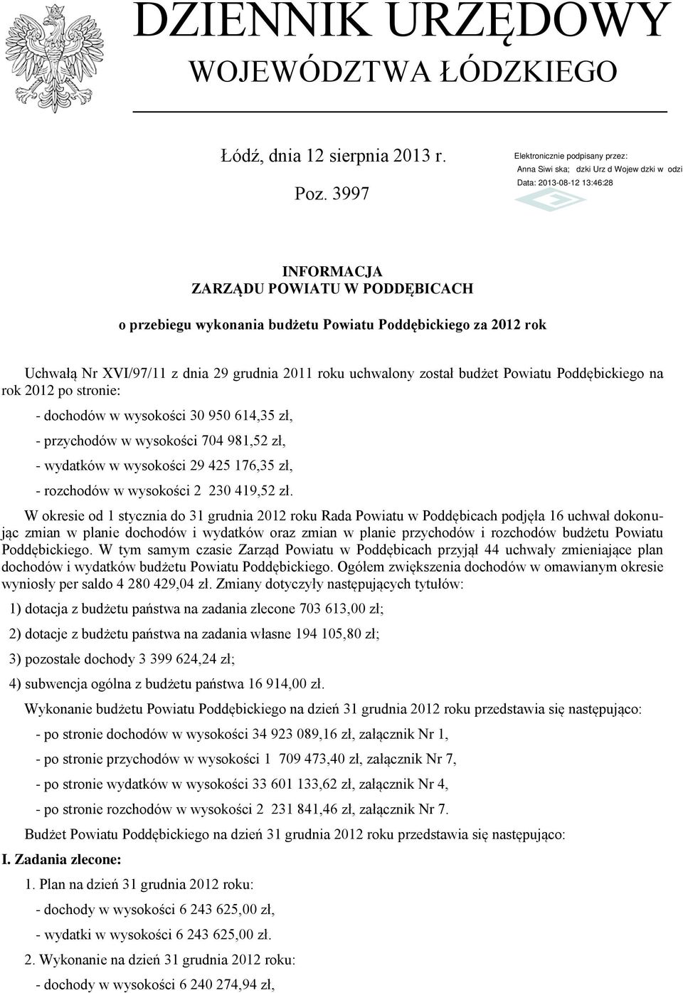 Poddębickiego na rok 2012 po stronie: - dochodów w wysokości 30 950 614,35 zł, - przychodów w wysokości 704 981,52 zł, - wydatków w wysokości 29 425 176,35 zł, - rozchodów w wysokości 2 230 419,52 zł.