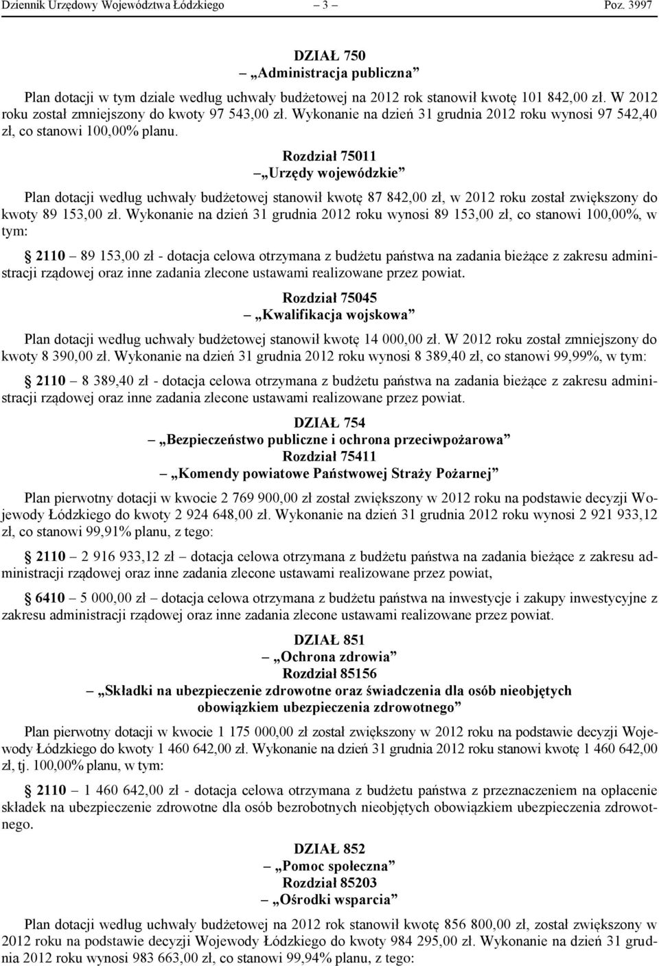 Rozdział 75011 Urzędy wojewódzkie Plan dotacji według uchwały budżetowej stanowił kwotę 87 842,00 zł, w 2012 roku został zwiększony do kwoty 89 153,00 zł.