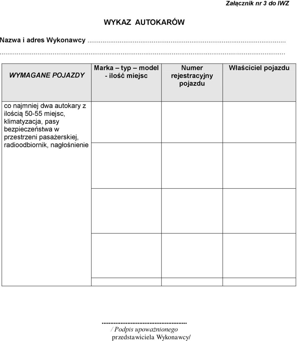 Właściciel pojazdu co najmniej dwa autokary z ilością 50-55 miejsc, klimatyzacja, pasy