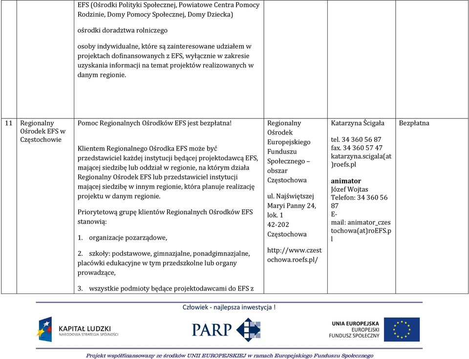 11 Regionalny Ośrodek EFS w Częstochowie Pomoc Regionalnych Ośrodków EFS jest bezpłatna!