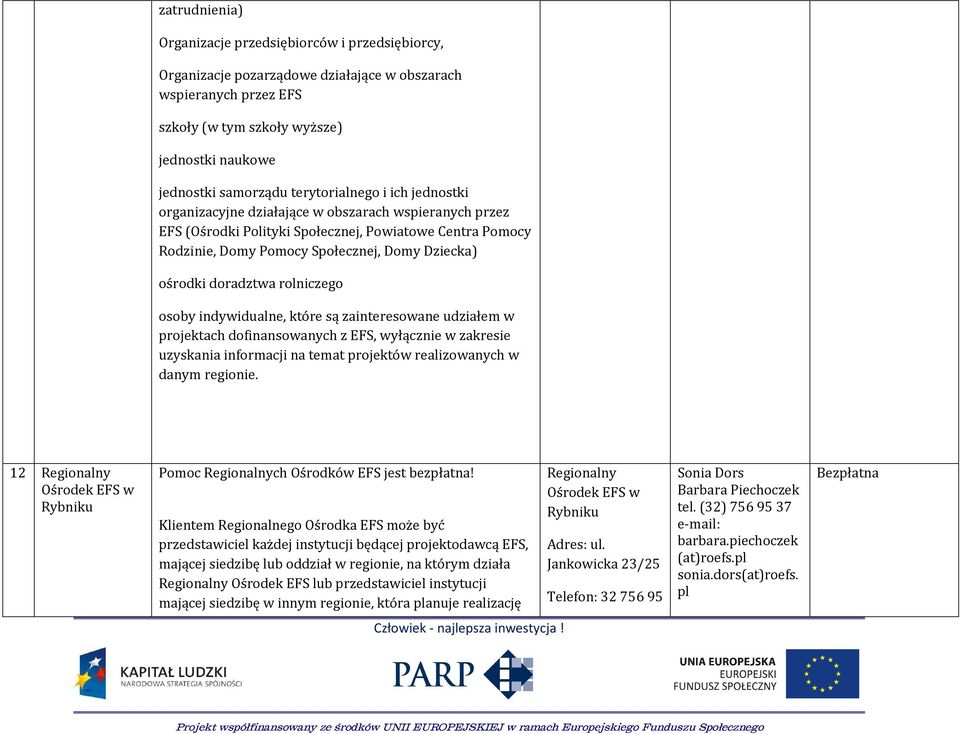 doradztwa rolniczego osoby indywidualne, które są zainteresowane udziałem w projektach dofinansowanych z EFS, wyłącznie w zakresie uzyskania informacji na temat projektów realizowanych w danym