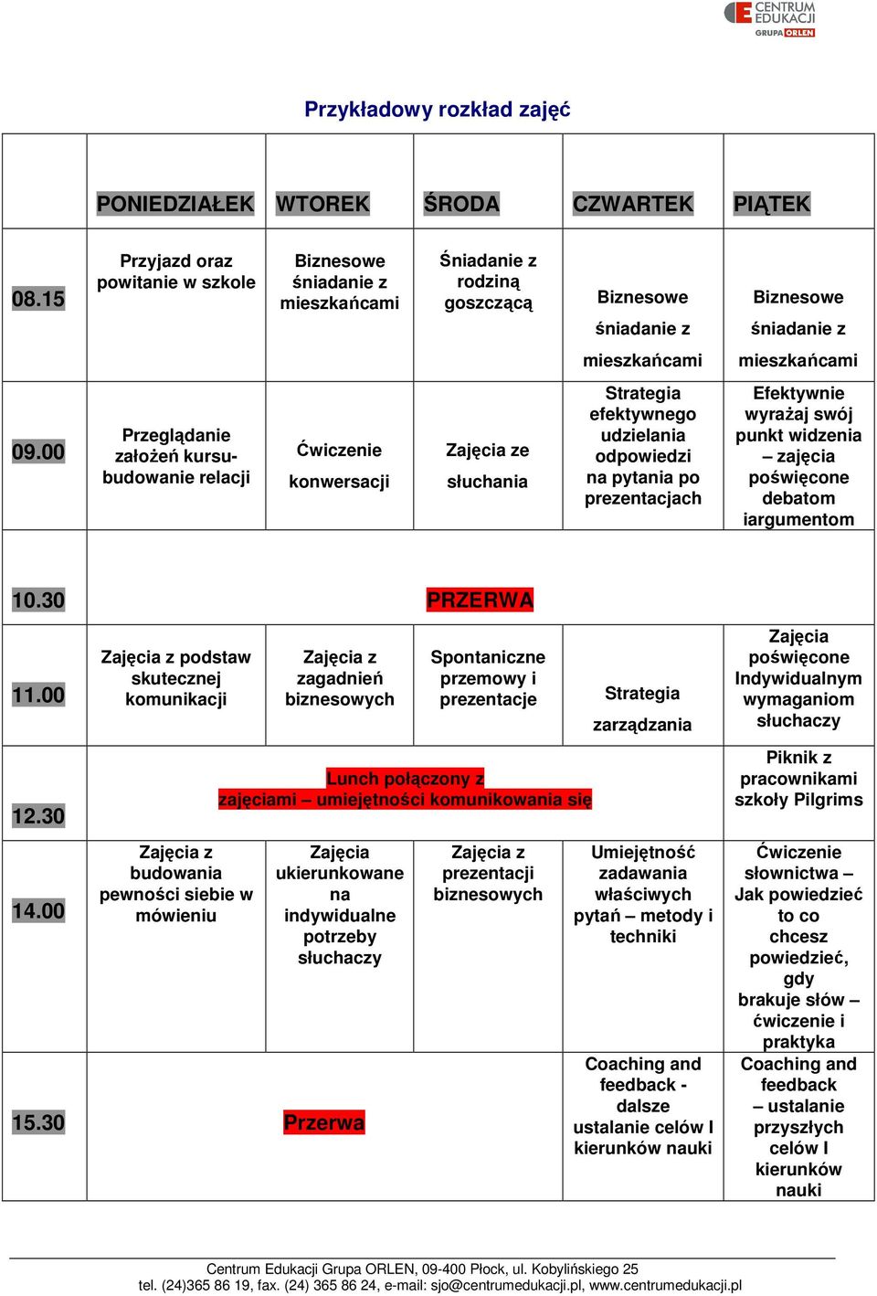 00 Przeglądanie założeń kursubudowanie relacji Ćwiczenie konwersacji Zajęcia ze słuchania Strategia efektywnego udzielania odpowiedzi na pytania po prezentacjach Efektywnie wyrażaj swój punkt