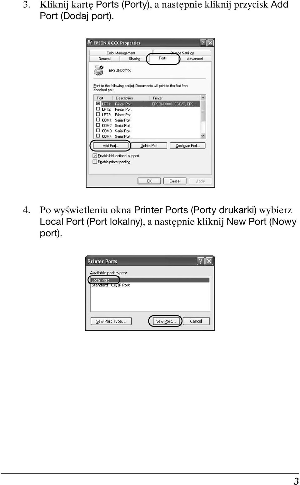 Po wyświetleniu okna Printer Ports (Porty drukarki)