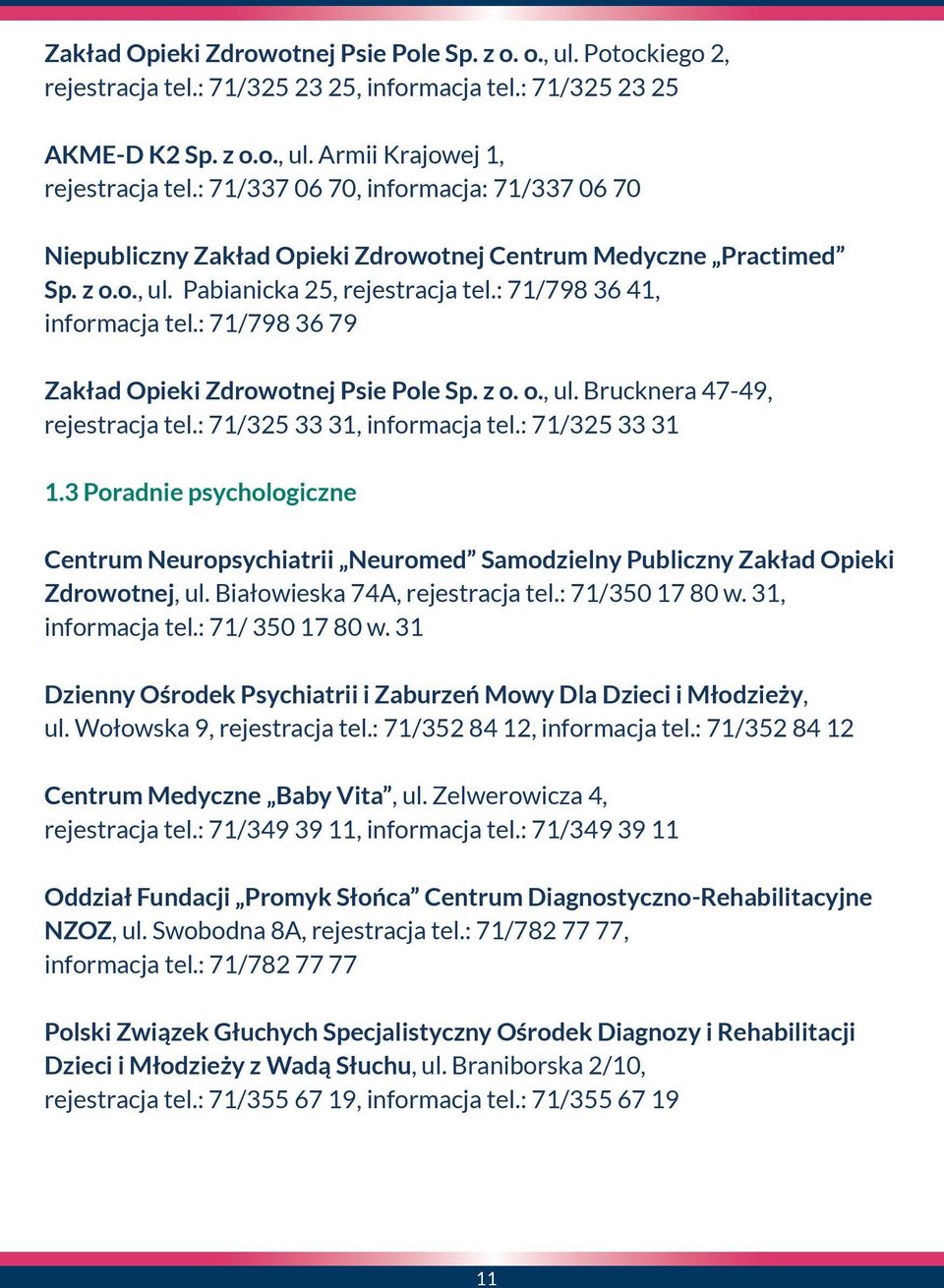 : 71/798 36 79 Zakład Opieki Zdrowotnej Psie Pole Sp. z o. o., ul. Brucknera 47-49, rejestracja tel.: 71/325 33 31, informacja tel.: 71/325 33 31 1.