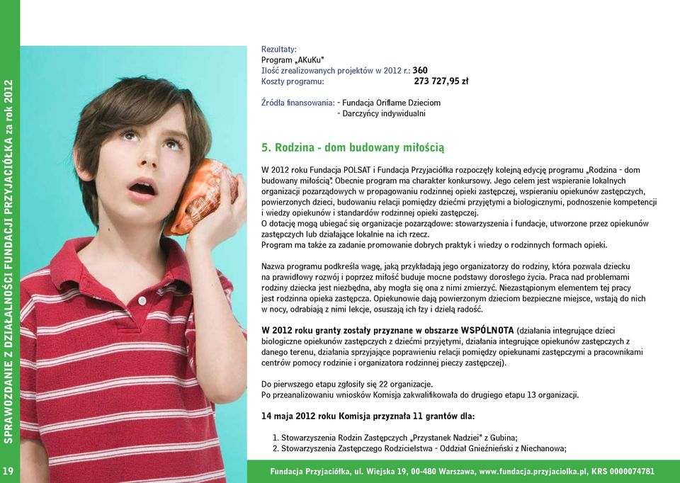 Jego celem jest wspieranie lokalnych organizacji pozarządowych w propagowaniu rodzinnej opieki zastępczej, wspieraniu opiekunów zastępczych, powierzonych dzieci, budowaniu relacji pomiędzy dziećmi
