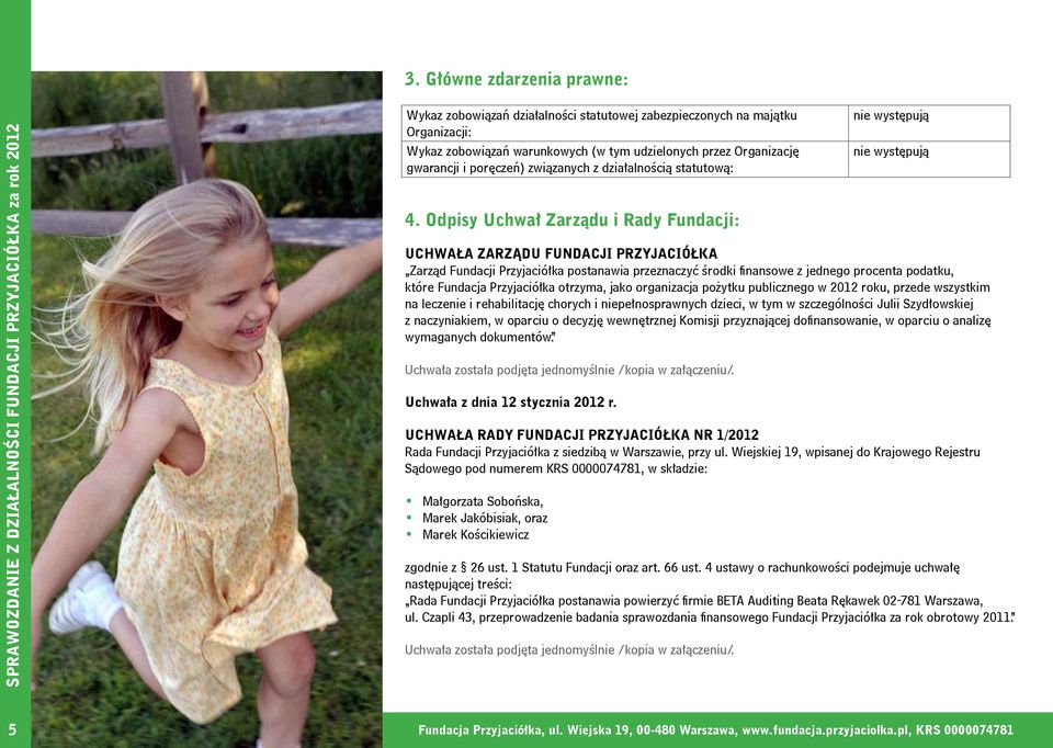 Odpisy Uchwał Zarządu i Rady Fundacji: UCHWAŁA ZARZĄDU FUNDACJI PRZYJACIÓŁKA Zarząd Fundacji Przyjaciółka postanawia przeznaczyć środki finansowe z jednego procenta podatku, które Fundacja