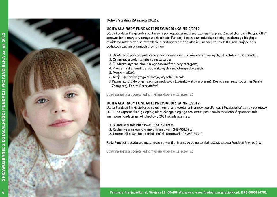 Fundacji i po zapoznaniu się z opinią niezależnego biegłego rewidenta zatwierdzić sprawozdanie merytoryczne z działalności Fundacji za rok 2011, zawierające opis podjętych działań w ramach programów: