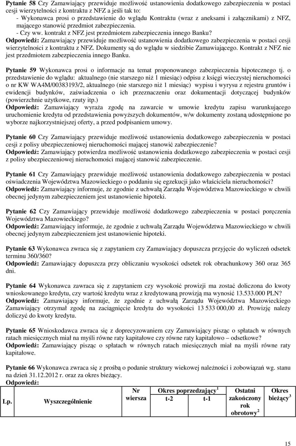 Odpowiedź: Zamawiający przewiduje możliwość ustanowienia dodatkowego zabezpieczenia w postaci cesji wierzytelności z kontraktu z NFZ. Dokumenty są do wglądu w siedzibie Zamawiającego.