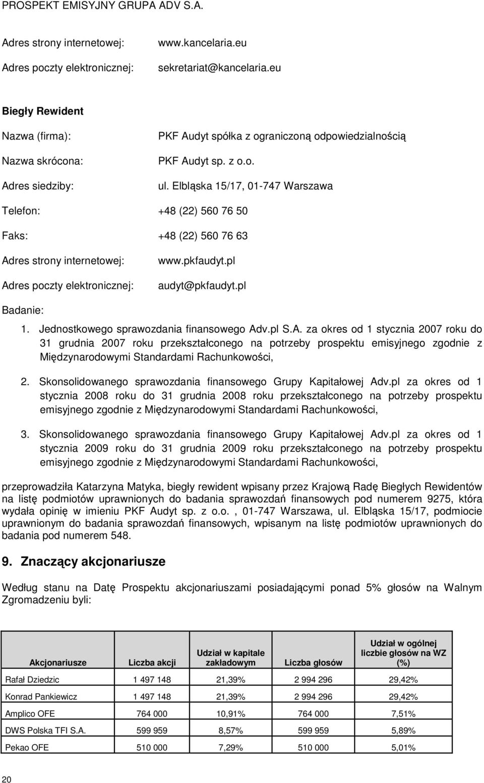 Elbląska 15/17, 01-747 Warszawa Telefon: +48 (22) 560 76 50 Faks: +48 (22) 560 76 63 Adres strony internetowej: Adres poczty elektronicznej: www.pkfaudyt.pl audyt@pkfaudyt.pl Badanie: 1.