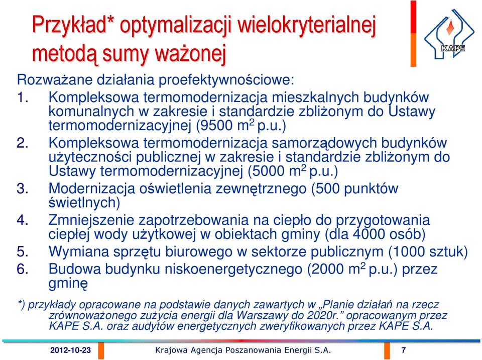 Kompleksowa termomodernizacja samorządowych budynków uŝyteczności publicznej w zakresie i standardzie zbliŝonym do Ustawy termomodernizacyjnej (5000 m 2 p.u.) 3.