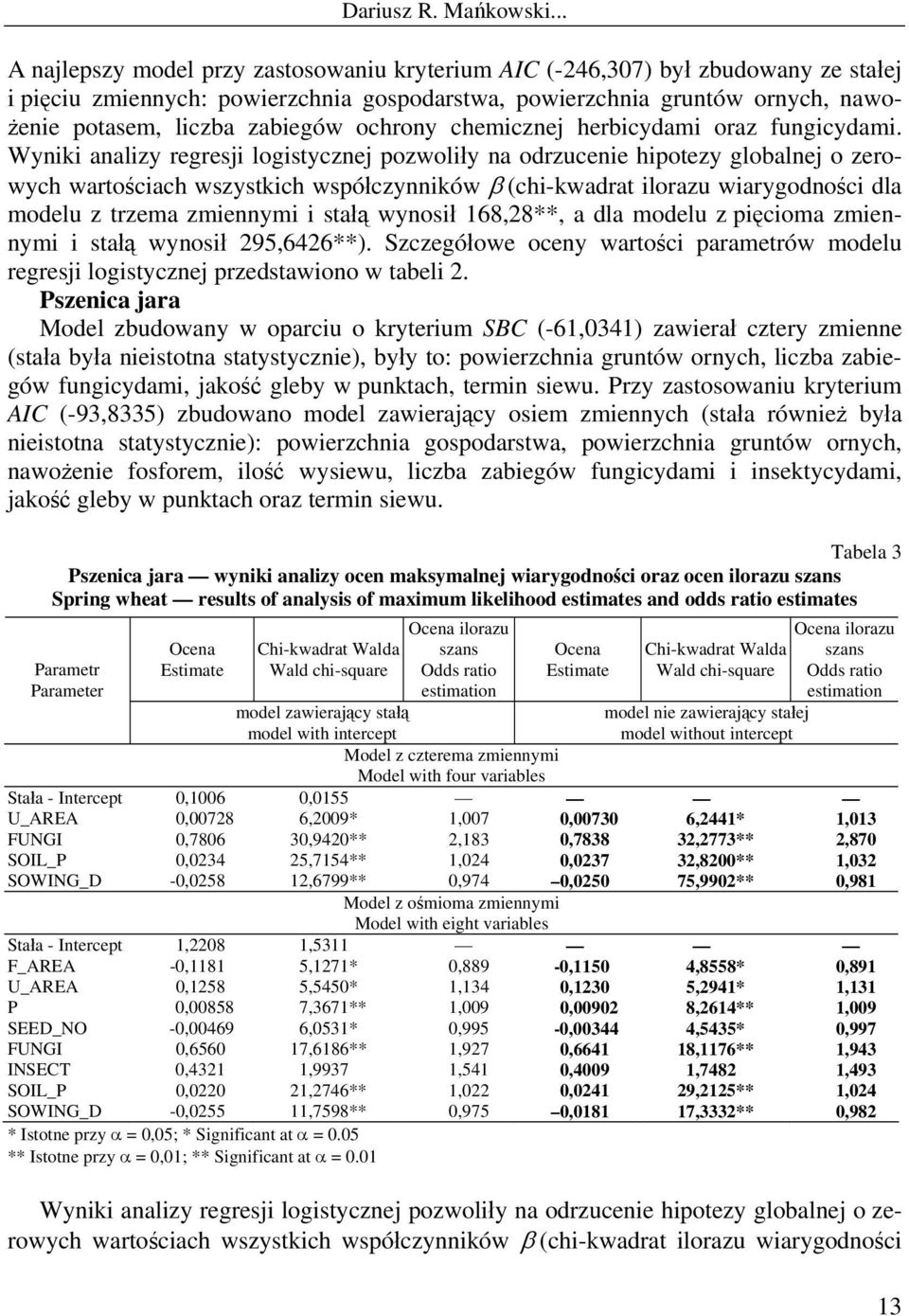 Wyniki analizy regresji logistycznej pozwoliły na odrzucenie hipotezy globalnej o zerowych wartościach wszystkich współczynników β (chi-kwadrat ilorazu wiarygodności dla modelu z trzema zmiennymi i