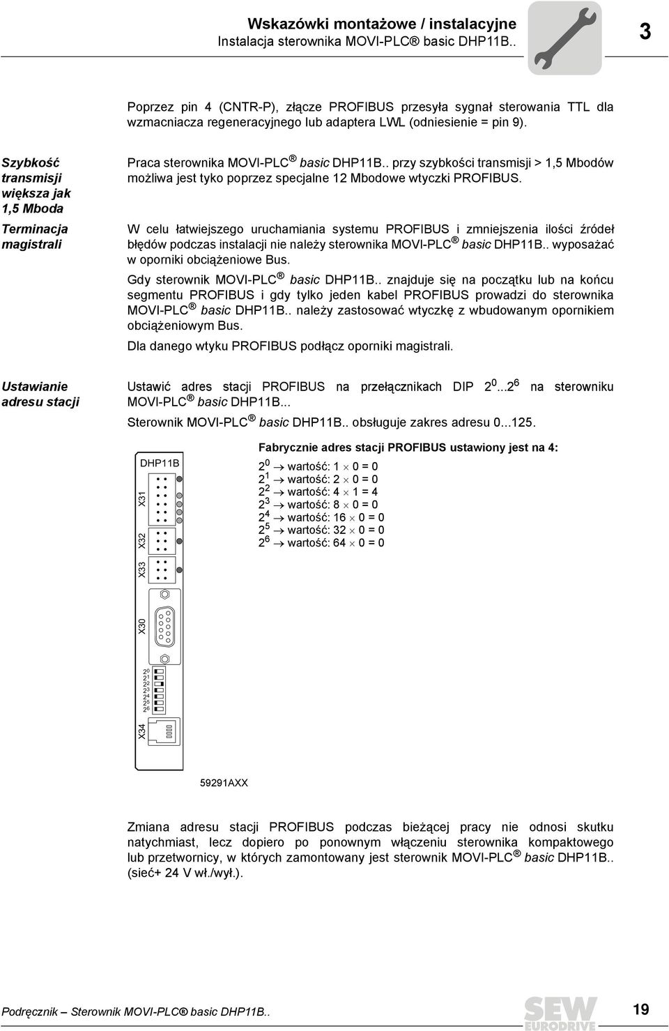 Szybkość transmisji większa jak,5 Mboda Terminacja magistrali Praca sterownika MOVI-PLC basic DHPB.. przy szybkości transmisji >,5 Mbodów możliwa jest tyko poprzez specjalne Mbodowe wtyczki PROFIBUS.