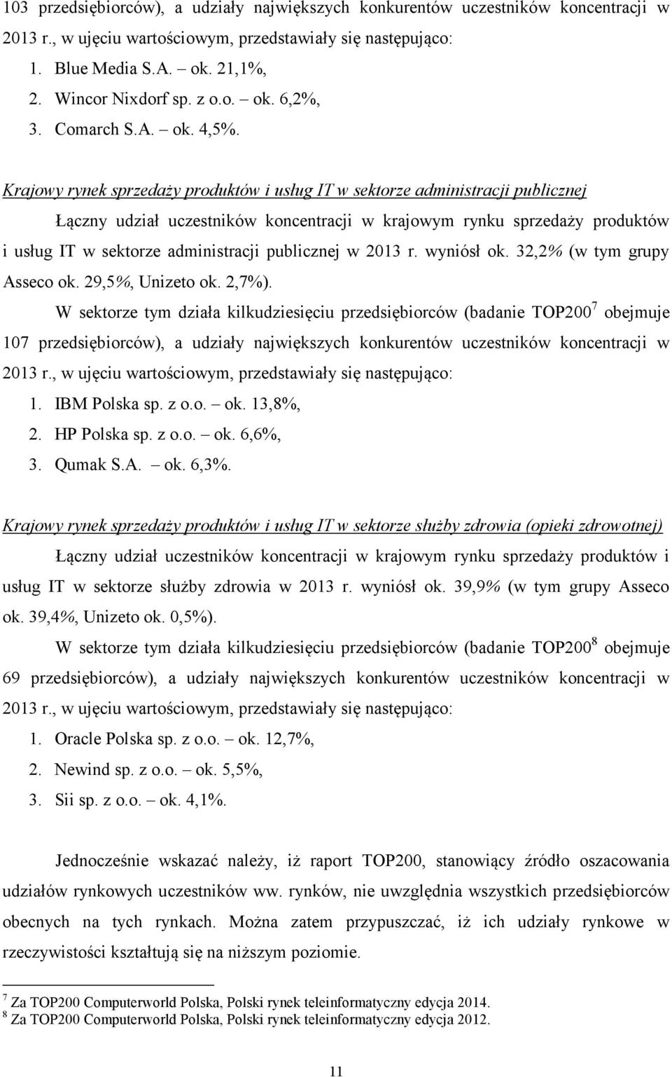 Krajowy rynek sprzedaży produktów i usług IT w sektorze administracji publicznej Łączny udział uczestników koncentracji w krajowym rynku sprzedaży produktów i usług IT w sektorze administracji