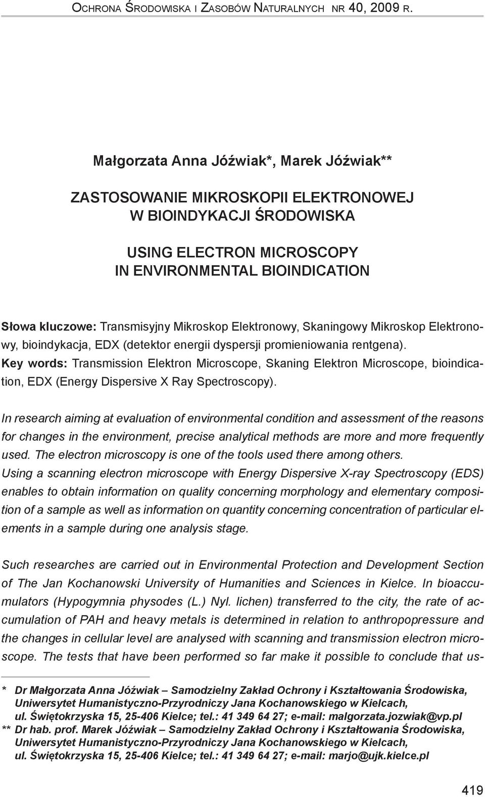 Mikroskop Elektronowy, Skaningowy Mikroskop Elektronowy, bioindykacja, EDX (detektor energii dyspersji promieniowania rentgena).