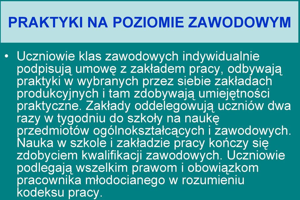 Zakłady oddelegowują uczniów dwa razy w tygodniu do szkoły na naukę przedmiotów ogólnokształcących i zawodowych.