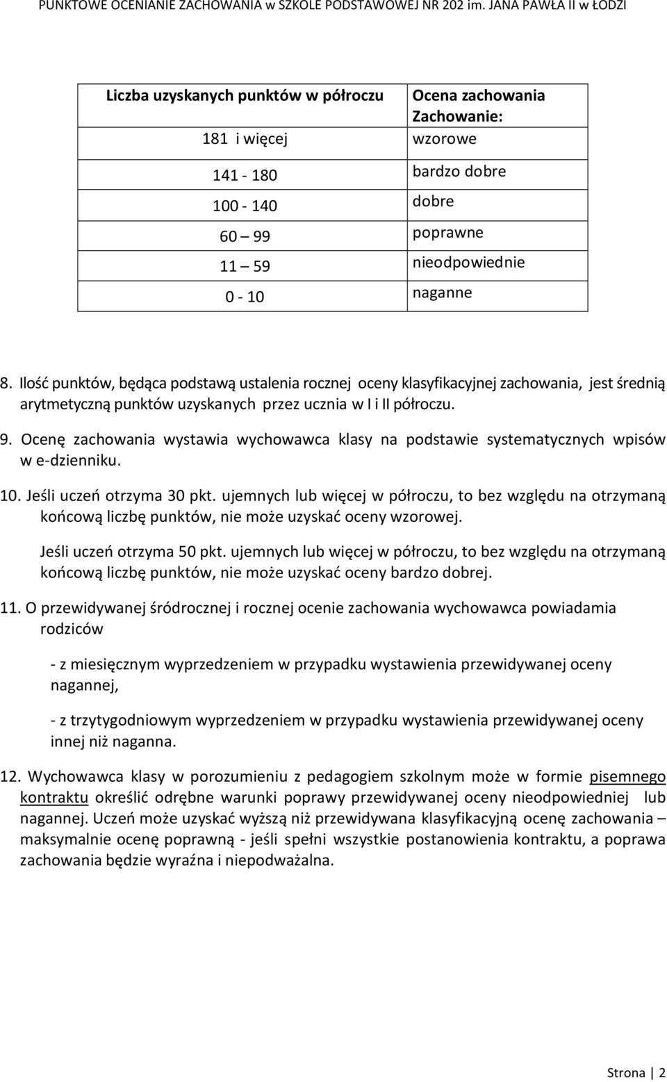 Ocenę zachowania wystawia wychowawca klasy na podstawie systematycznych wpisów w e-dzienniku. 10. Jeśli uczeń otrzyma 30 pkt.