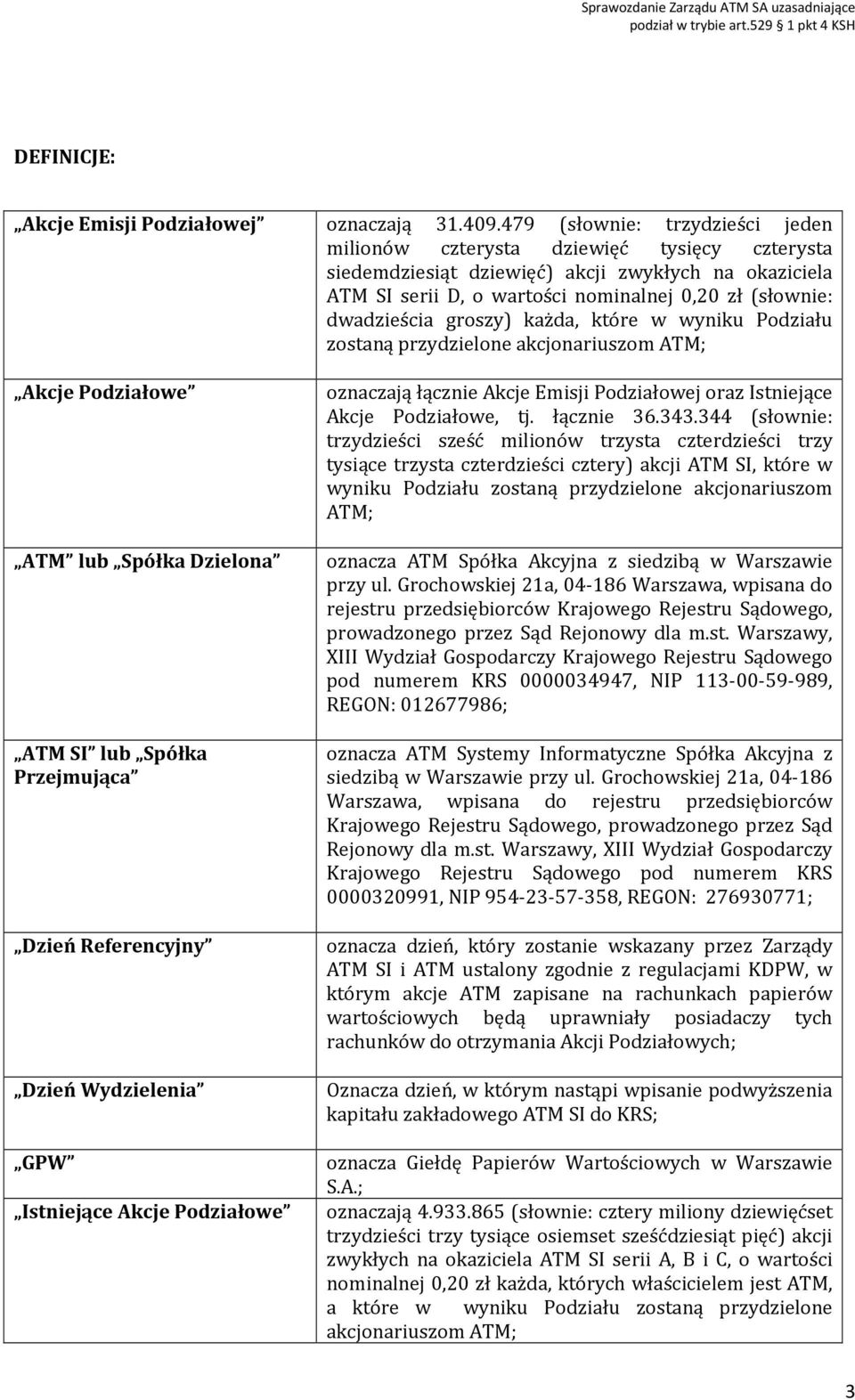 groszy) każda, które w wyniku Podziału zostaną przydzielone akcjonariuszom ATM; oznaczają łącznie Akcje Emisji Podziałowej oraz Istniejące Akcje Podziałowe, tj. łącznie 36.343.