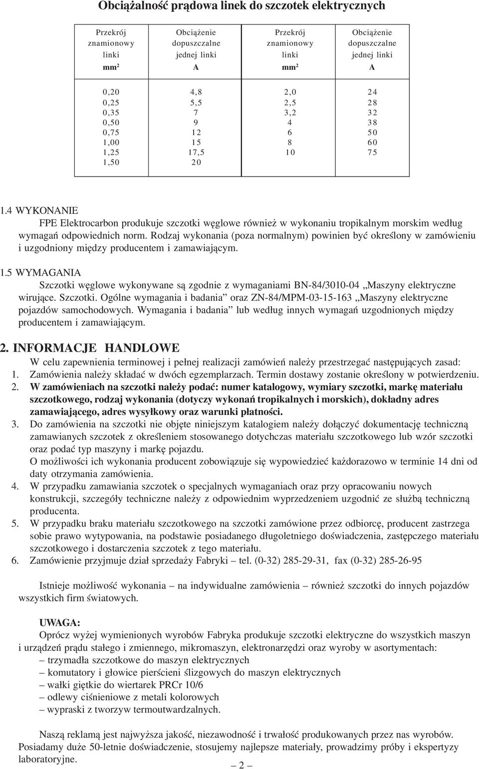 4 WYKONANIE FPE Elektrocarbon produkuje szczotki wêglowe równie w wykonaniu tropikalnym morskim wed³ug wymagañ odpowiednich norm.