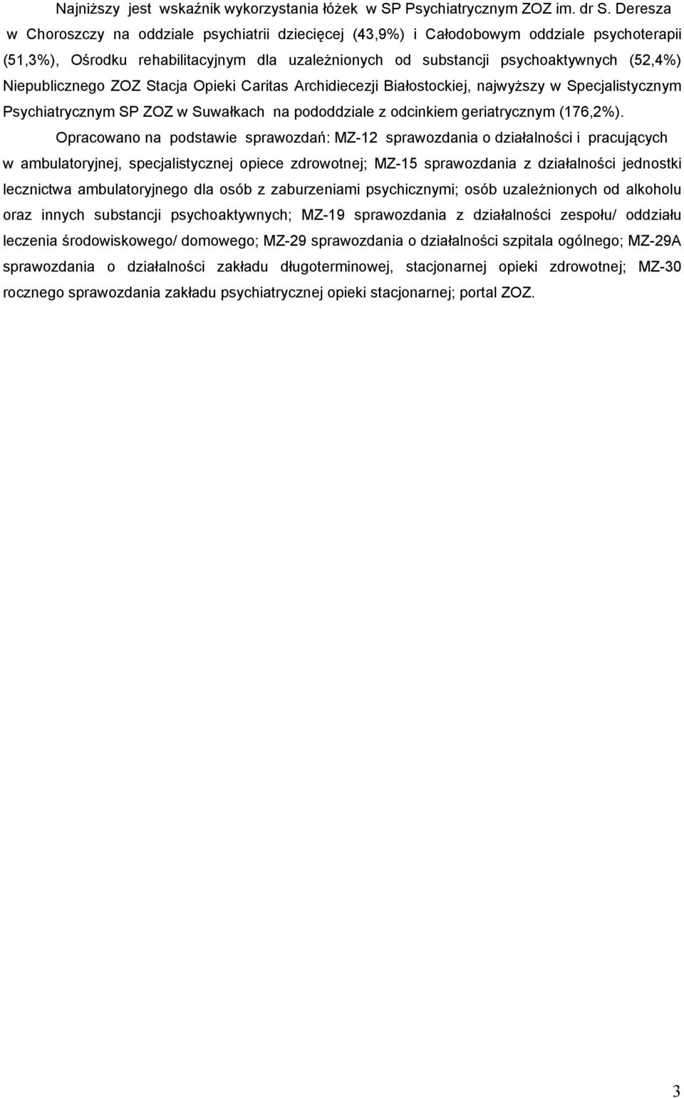 Niepublicznego ZOZ Stacja Opieki Caritas Archidiecezji Białostockiej, najwyŝszy w Specjalistycznym Psychiatrycznym SP ZOZ w Suwałkach na pododdziale z odcinkiem geriatrycznym (176,2%).