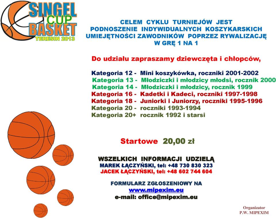 Kategoria 16 - Kadetki i Kadeci, roczniki 1997-1998 Kategoria 18 - Juniorki i Juniorzy, roczniki 1995-1996 Kategoria 20 - roczniki 1993-1994 Kategoria 20+ rocznik 1992 i starsi