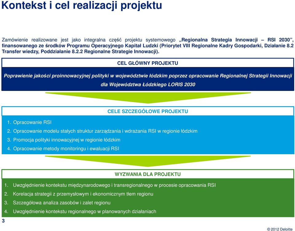 CEL GŁÓWNY PROJEKTU Poprawienie jakości proinnowacyjnej polityki w województwie łódzkim poprzez opracowanie Regionalnej Strategii Innowacji dla Województwa Łódzkiego LORIS 2030 CELE SZCZEGÓŁOWE