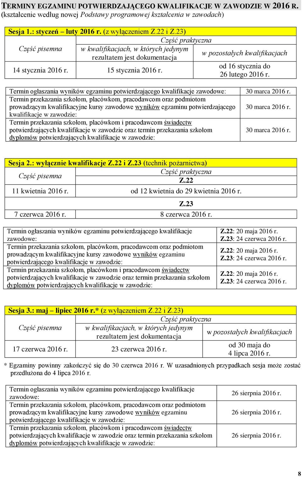 26 lutego 2016 r. Termin ogłaszania wyników egzaminu potwierdzającego kwalifikacje zawodowe: 30 marca 2016 r.