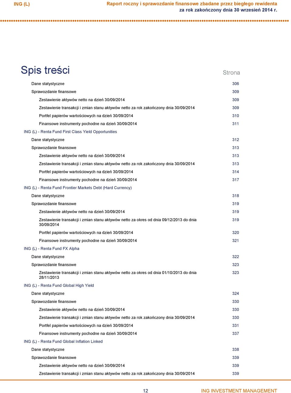 Sprawozdanie finansowe 313 Zestawienie aktywów netto na dzień 30/09/2014 313 Zestawienie transakcji i zmian stanu aktywów netto za rok zakończony dnia 30/09/2014 313 Portfel papierów wartościowych na