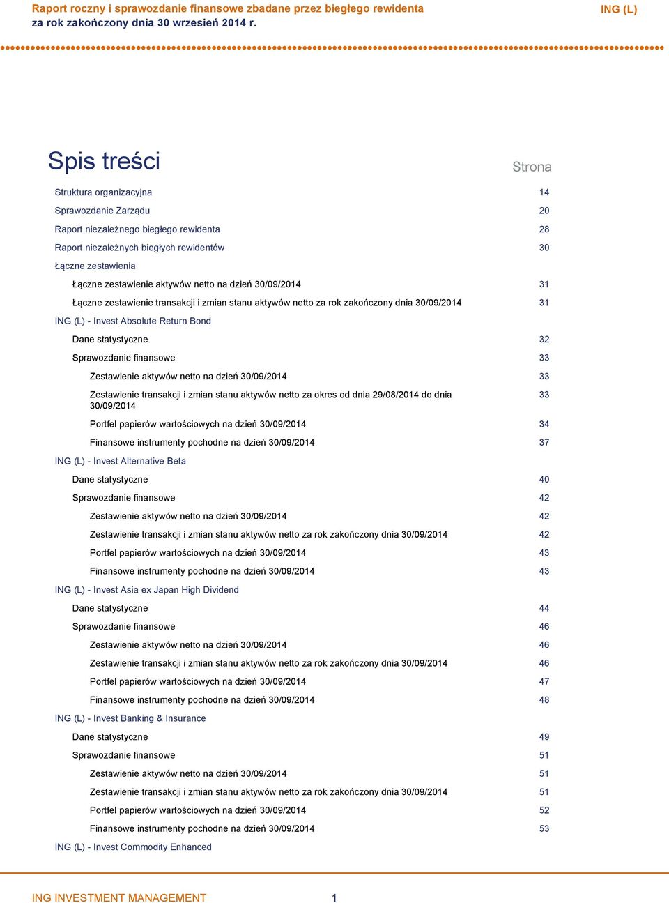 finansowe 33 Zestawienie aktywów netto na dzień 30/09/2014 33 Zestawienie transakcji i zmian stanu aktywów netto za okres od dnia 29/08/2014 do dnia 30/09/2014 33 Portfel papierów wartościowych na