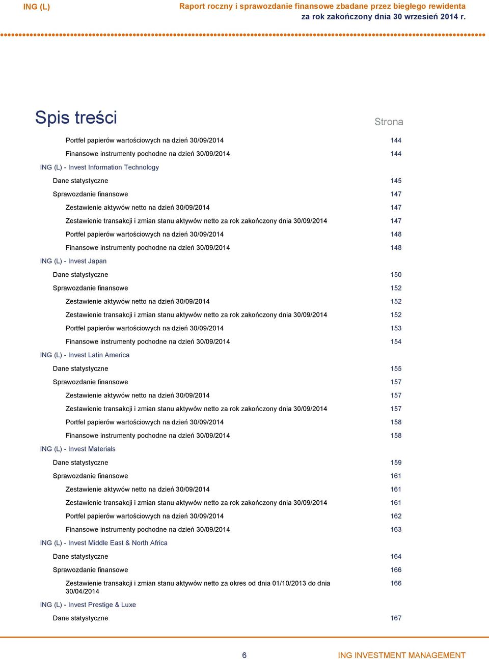 30/09/2014 148 Finansowe instrumenty pochodne na dzień 30/09/2014 148 Invest Japan Dane statystyczne 150 Sprawozdanie finansowe 152 Zestawienie aktywów netto na dzień 30/09/2014 152 Zestawienie