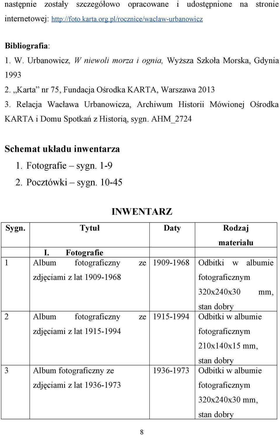 Relacja Wacława Urbanowicza, Archiwum Historii Mówionej Ośrodka KARTA i Domu Spotkań z Historią, sygn. AHM_2724 Schemat układu inwentarza 1. Fotografie sygn. 1-9 2. Pocztówki sygn.