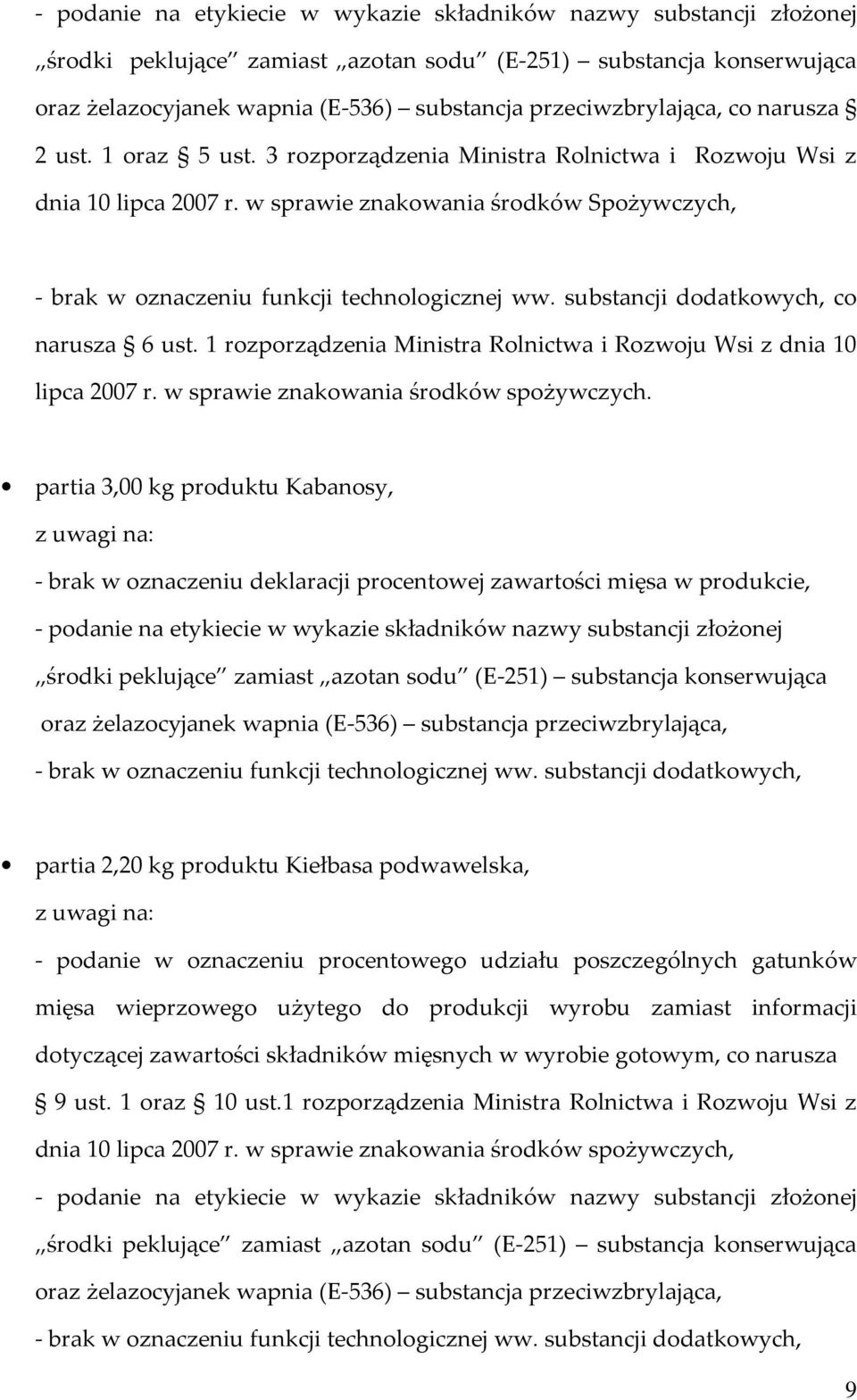 partia 3,00 kg produktu Kabanosy, - brak w oznaczeniu deklaracji procentowej zawartości mięsa w produkcie, partia 2,20 kg produktu Kiełbasa podwawelska, - podanie w oznaczeniu procentowego