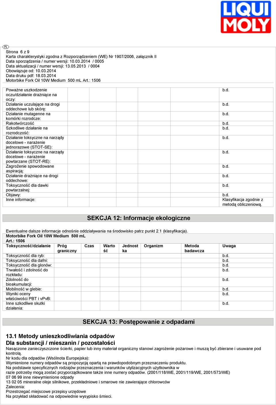 Działanie drażniące na drogi oddechowe: Toksyczność dla dawki powtarzalnej: Objawy: Inne informacje: Klasyfikacja zgodnie z metodą obliczeniową.