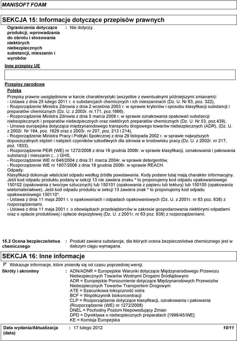 o substancjach chemicznych i ich mieszaninach (Dz. U. Nr 63, poz. 322), Rozporządzenie Ministra Zdrowia z dnia 2 września 2003 r.