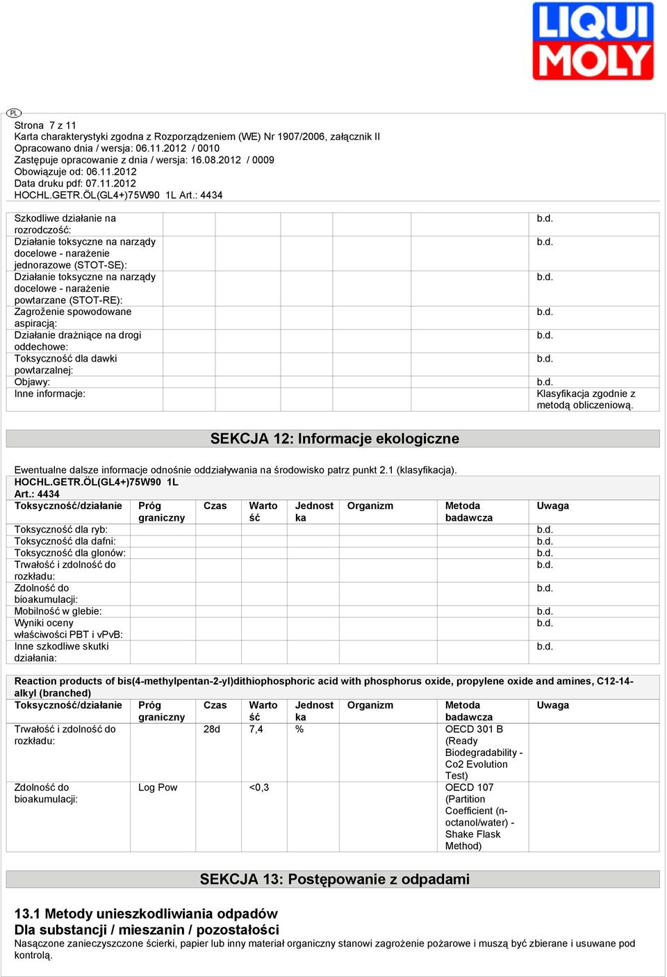 SEKCJA 12: Informacje ekologiczne Ewentualne dalsze informacje odnośnie oddziaływania na środowisko patrz punkt 2.1 (klasyfikacja). HOCHL.GETR.ÖL(GL4+)75W90 1L Art.