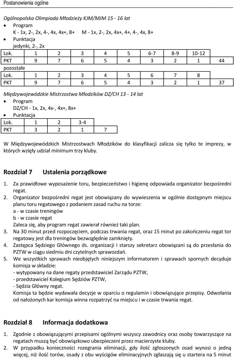 1 2 3 4 5 6 7 8 PKT 9 7 6 5 4 3 2 1 37 Międzywojewódzkie Mistrzostwa Młodzików DZ/CH 13-14 lat Program DZ/CH - 1x, 2x, 4x-, 4x+, 8x+ Punktacja Lok.