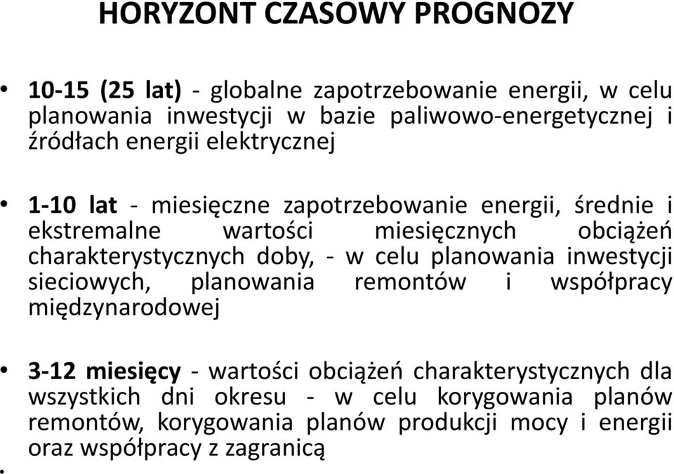 charakterystycznych doby, - w celu planowania inwestycji sieciowych, planowania remontów i współpra iędz arodowej 3-12 iesię y - wartoś i o