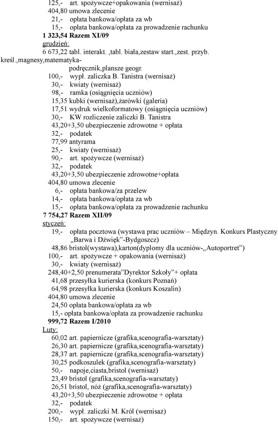 Tanistra (wernisaż) 30,- kwiaty (wernisaż) 98,- ramka (osiągnięcia uczniów) 15,35 kubki (wernisaż),żarówki (galeria) 17,51 wydruk wielkoformatowy (osiągnięcia uczniów) 30,- KW rozliczenie zaliczki B.