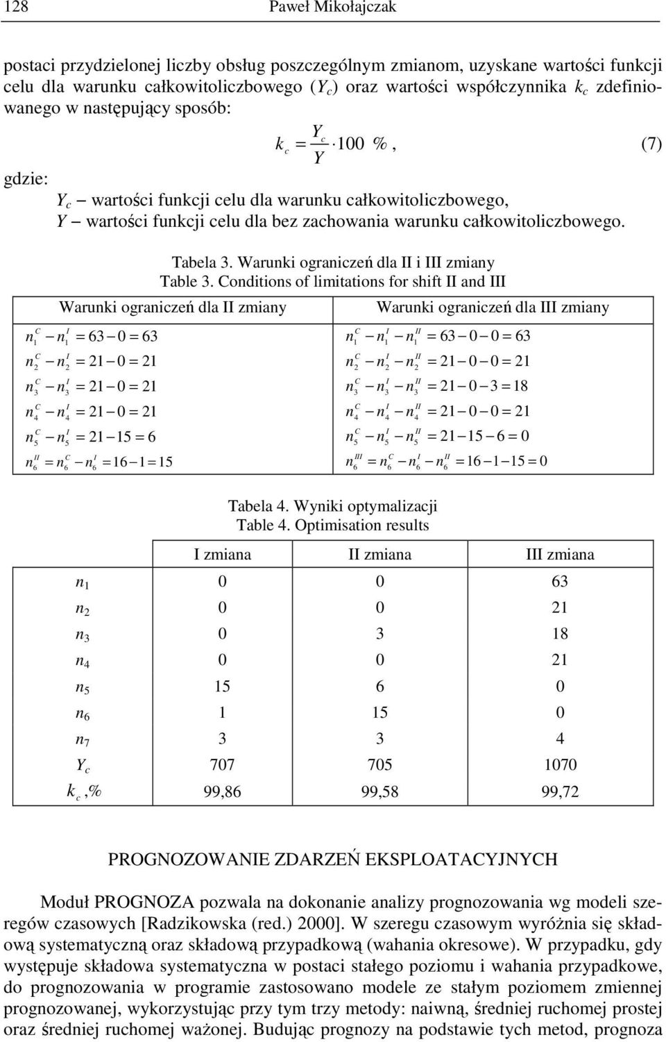 oditios of limitatios for shift ad Waruki ograiczeń dla zmiay = 6 0 = 6 = 0 = = 0 = = 0 = = = 6 6 = 6 6 = 6 = Waruki ograiczeń dla zmiay Tabela. Wyiki optymalizacji Table.